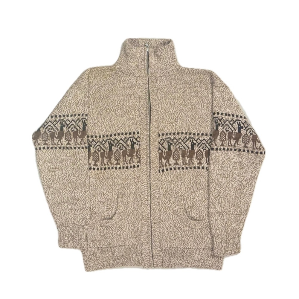 Alpaca Wool blend beige brown Peruvian zip up cardigan sweater women large